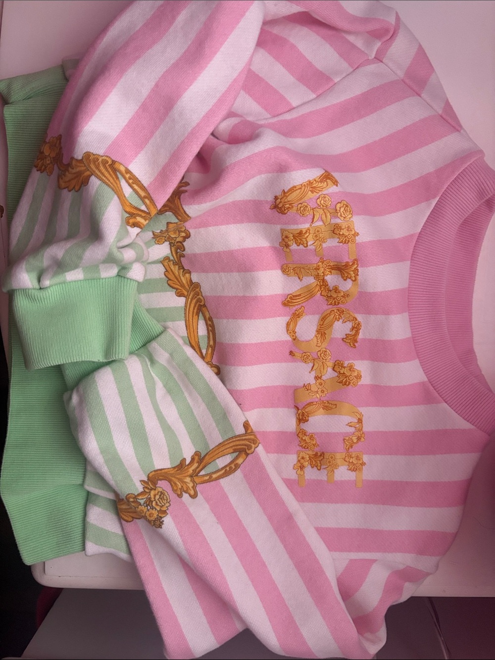 Versace Pink White Striped Baroque Logo Kids Sweatshirt with Mint Accents